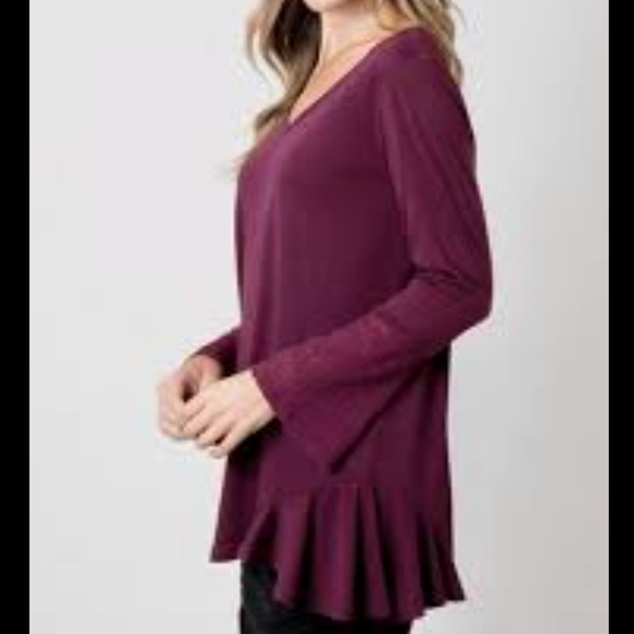 Burgundy V- neck Long sleeve Oversized mesh bell cuffs Tunic Top - Picture 2 of 16